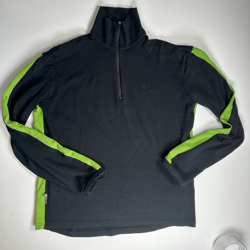 Icebreaker Black Merino Wool Sweater, 1/4 Zip, Green, Gorpcore, Vintage Large